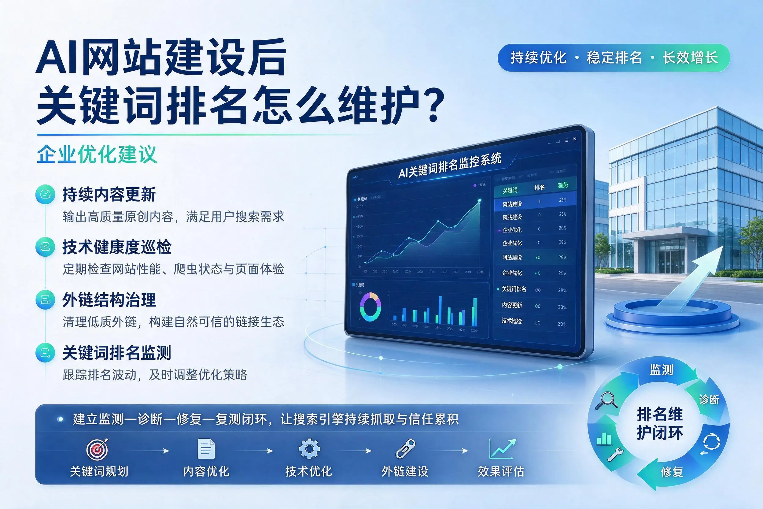 AI网站建设后关键词排名怎么维护？本溪企业优化建议